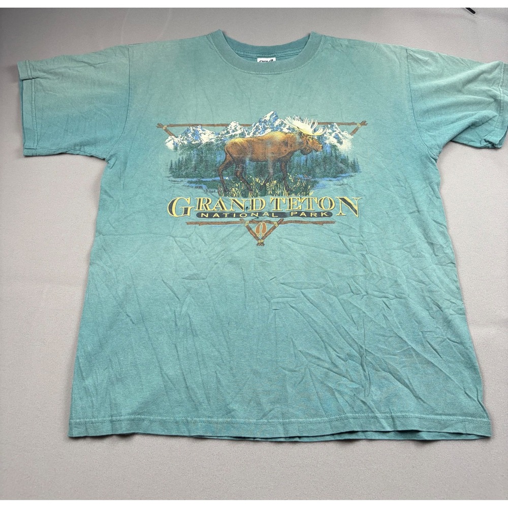 Vintage Anvil Grand Teton National Park Moose Graphic T-Shirt Teal Green Mens M